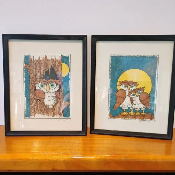Vtg Set of 2 Whimsical Owl Art Prints Artisan Signed Michaux HIP 1976 - Picture 2 of 10